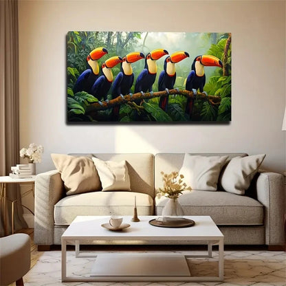 Colorful Jungle Scene Toucan Wall Art Canvas Office Home Room Framed 120x60cm