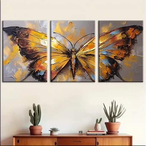 3pcs Retro Golden butterfly abstract painting Wall Art Canvas Unframed - High Quality Print 100% Australian Made Wall Canvas