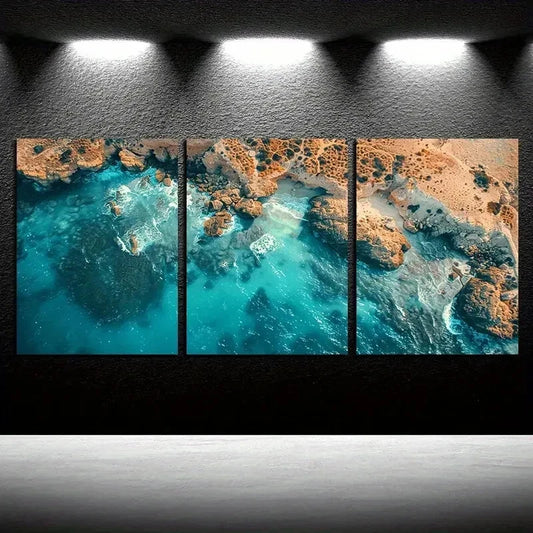 3pcs Vibrant Rock Coastline Design Metal Wall Art Set Canvas Framed 50x70cm - High Quality Print 100% Australian Made Wall Canvas Ready to Hang