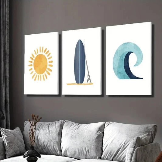 3pcs orange sun sunshine doodle, blue surfboard Wall Art Set Canvas Framed 40x60cm - High Quality Print 100% Australian Made Wall Canvas Ready to Hang