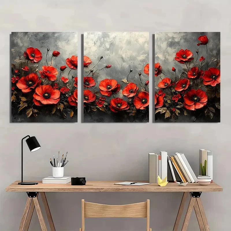 3pcs Red Poppies And Roses On A Gray Background Metal Print Ready to Hang Art - Bella Home Decor