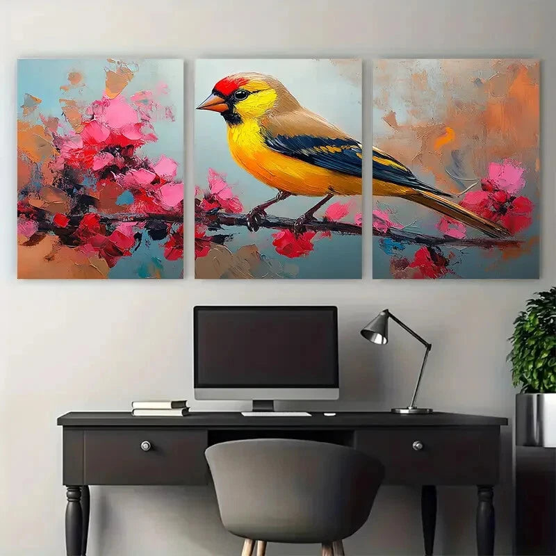 3pcs Vibrant Yellow Goldfinch on Branch Metal Print Ready to Hang Art - Bella Home Decor