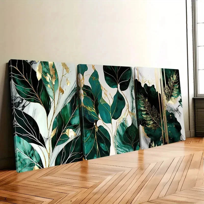 3pcs Abstract Green and Golden Marble Wall Art Set Canvas Framed 60x90cm - High Quality Print 100% Australian Made Wall Canvas Ready to Hang - Bella Home Decor