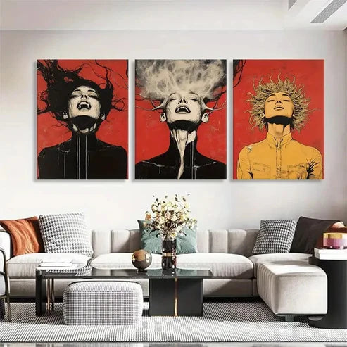 3pcs Dramatic Faces with Surreal Hair Perfect Wall Art Set Canvas Unframed - High Quality Print 100% Australian Made Wall Canvas - Bella Home Decor