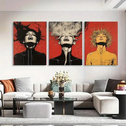 3pcs Dramatic Faces with Surreal Hair Perfect Wall Art Set Canvas Unframed - High Quality Print 100% Australian Made Wall Canvas - Bella Home Decor