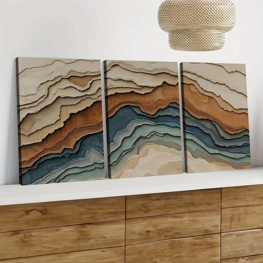 3pcs Abstract Earth Tones Blue Wave Brown Gray Wall Art Set Canvas Framed 50x70cm - High Quality Print 100% Australian Made Wall Canvas Ready to Hang