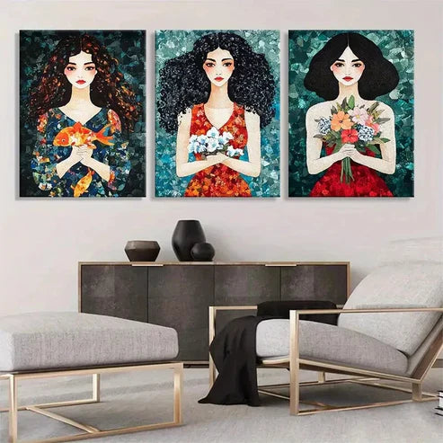 3pcs Colorful Floral Women Flowers Perfect Wall Art Set Canvas Unframed - High Quality Print 100% Australian Made Wall Canvas