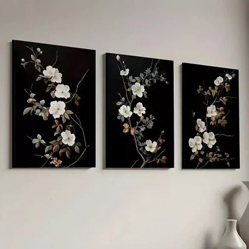 3pcs Modern Dark Simple Style Natural Flower Art Set Canvas Unframed - High Quality Print 100% Australian Made Wall Canvas
