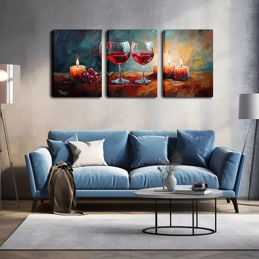 3pcs Two Glasses Of Red Wine And Candles Wall Art Set Canvas Framed 40x60cm - High Quality Print 100% Australian Made Wall Canvas Ready to Hang