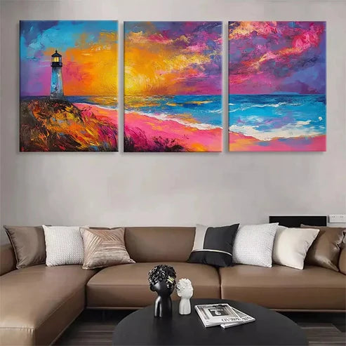 3pcs Vibrant Lighthouse and Ocean Sunset Perfect Wall Art Set Canvas Unframed - High Quality Print 100% Australian Made Wall Canvas