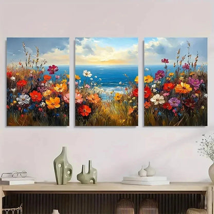 3pcs Wildflower Floral Seaside Landscape Perfect Wall Art Set Canvas Framed 40x60cm - High Quality Print 100% Australian Made Wall Canvas Ready to Hang