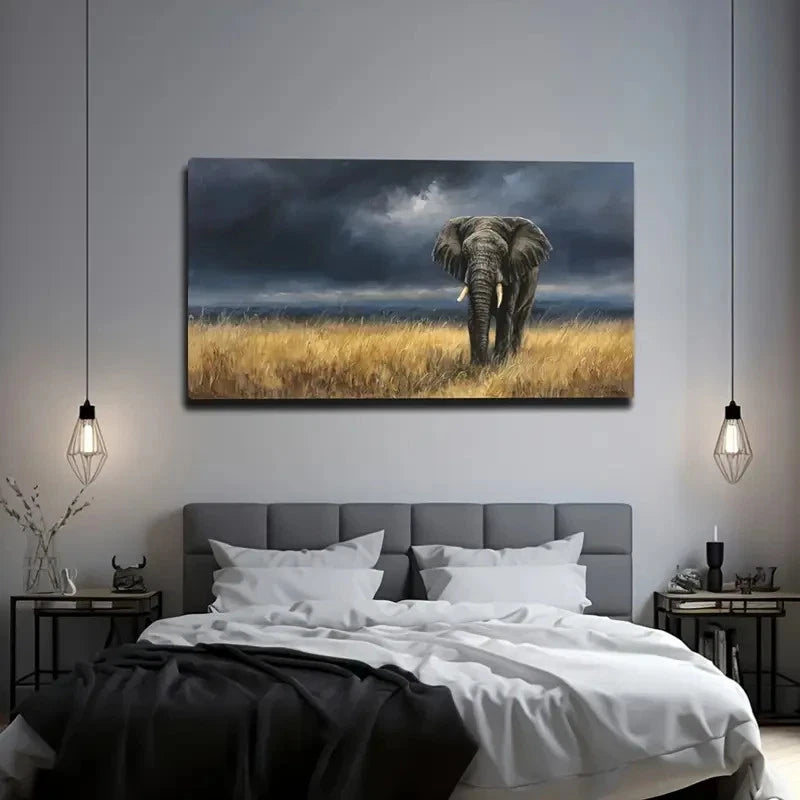 A Solitary Elephant Grassland Wall Art Canvas Office Home Room Framed 120x60cm