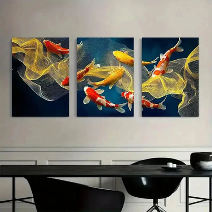 3pcs Golden and Red Koi Fish in Dark Water Metal Print Ready to Hang Art - Bella Home Decor