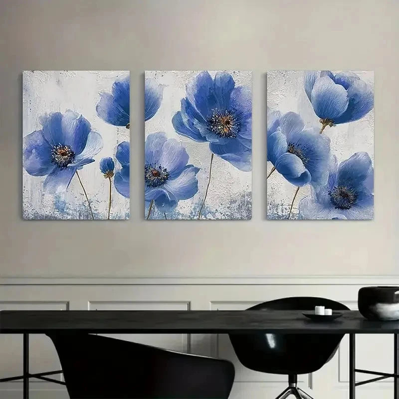 3pcs Blue Floral Design with Golden Accents Metal Print Ready to Hang Art - Bella Home Decor