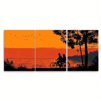 3pcs Silhouette of Couple on Bicycle by Lake Metal Print Ready to Hang Art