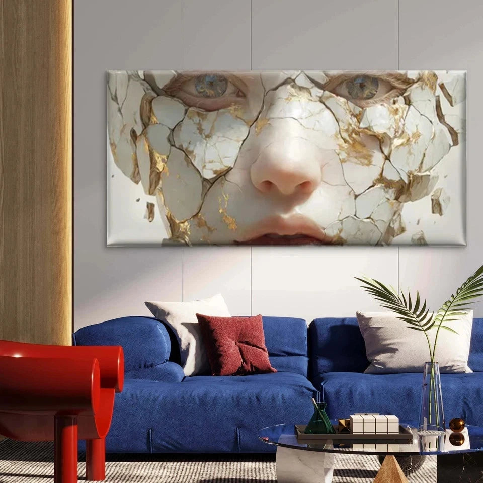 Abstract Golden & Cracked Face Wall Art Canvas Office Home Room Framed 120x60cm