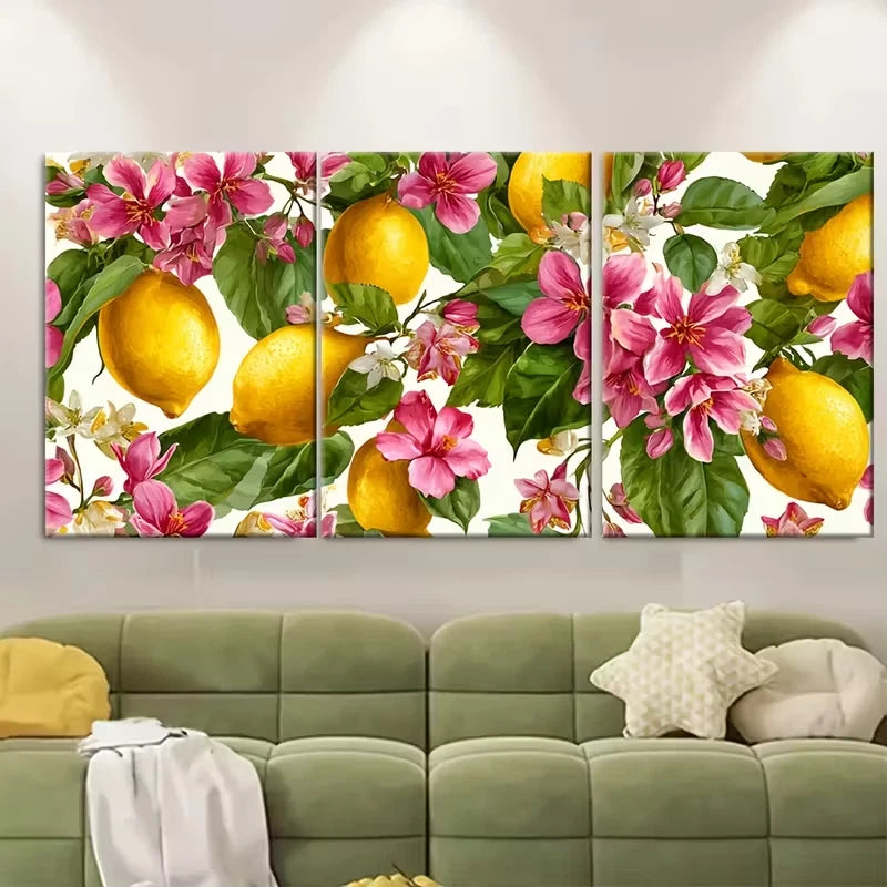 3pcs Italy Themed Menu, Lemons and Bougainvillea Metal Print Ready to Hang Art