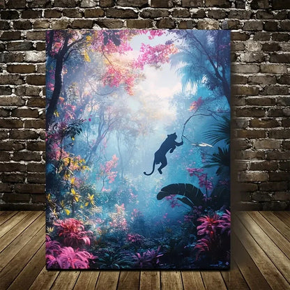 Vibrant Panther Swinging in Magical Forest Painting 40x60cm Metal Print Ready to Hang - Bella Home Decor