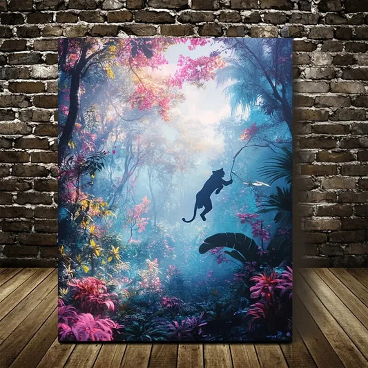 Vibrant Panther Swinging in Magical Forest Painting 40x60cm Metal Print Ready to Hang - Bella Home Decor