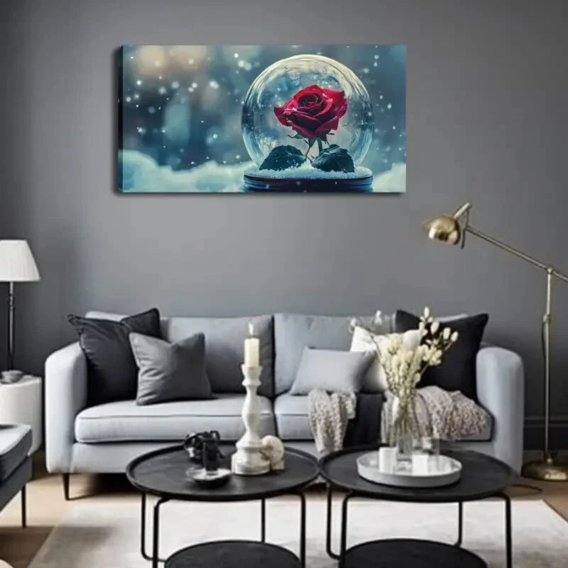 Red Rose in Snow Globe Modern Wall Art Canvas Office Home Room Framed 120x60cm - Bella Home Decor