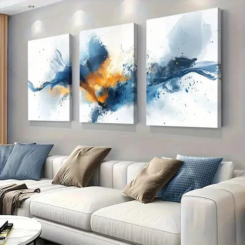 3pcs Blue & Orange Abstract Watercolor Splash Wall Art Canvas Unframed - High Quality Print 100% Australian Made Wall Canvas