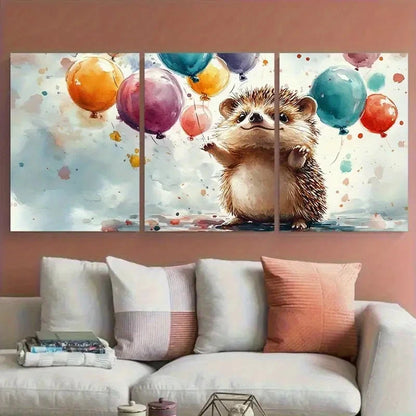 3pcs Happy Hedgehog Colourful Balloons Nursery Wall Art Set Canvas Framed 40x60cm - High Quality Print 100% Australian Made Wall Canvas Ready to Hang