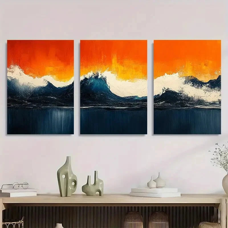 3pcs Abstract Ocean Vibrant Sunset & Wave Design Metal Print Ready to Hang Art - Bella Home Decor
