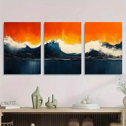 3pcs Abstract Ocean Vibrant Sunset & Wave Design Metal Print Ready to Hang Art - Bella Home Decor