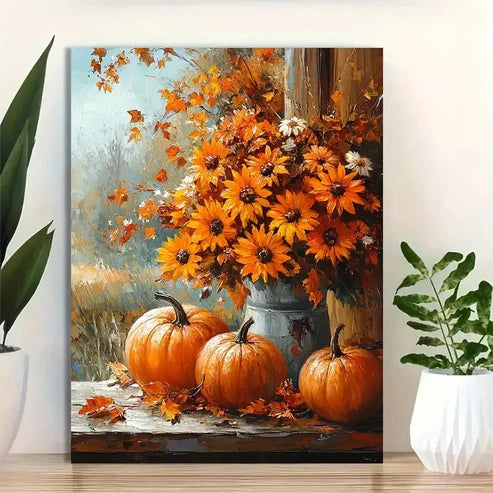 Beautiful Autumn Pumpkins Leaves & Sunflowers 60x90cm Metal Print Ready to Hang