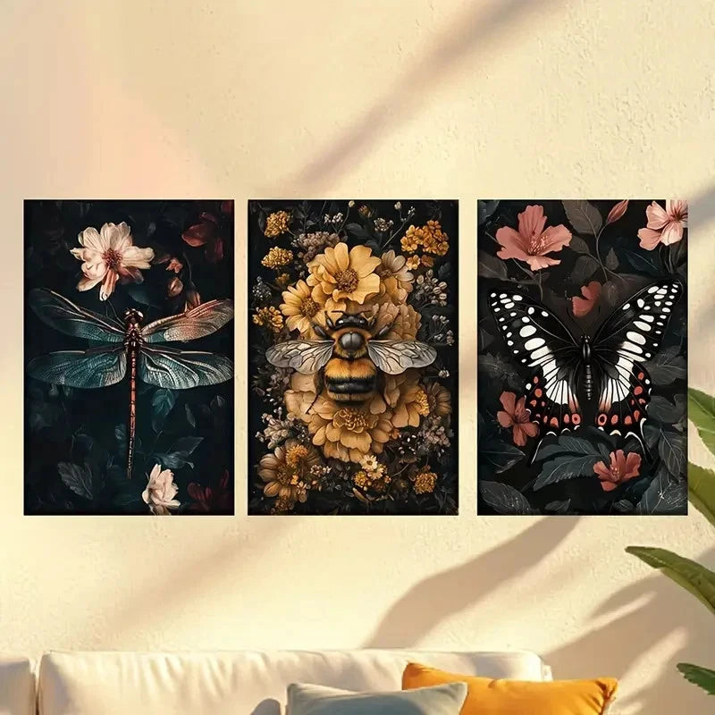 3pcs Dark Flowers and Plants Wall Art Set Canvas Framed 40x60cm - High Quality Print 100% Australian Made Wall Canvas Ready to Hang - Bella Home Decor