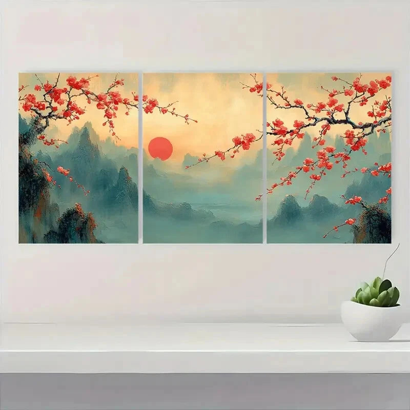 3pcs Traditional Vibrant Chinese Plum Blossom Metal Print Ready to Hang Art - Bella Home Decor