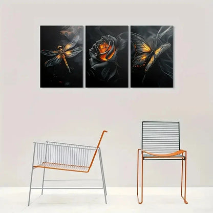 3pcs Dragonfly Rose & Butterfly Paintings Metal Print Ready to Hang Art - Bella Home Decor