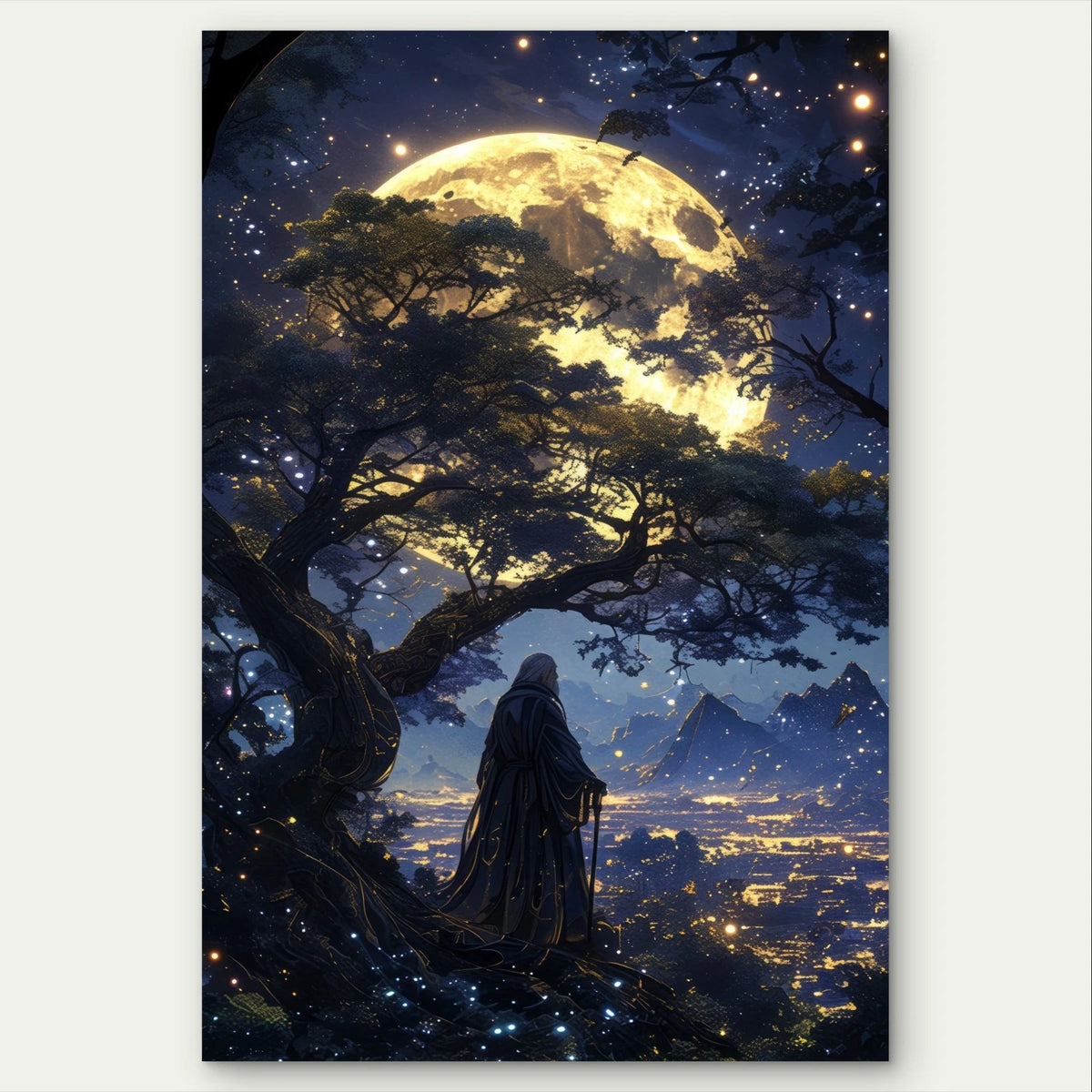 Mystical Wizard Under a Giant Glowing Moon 40x60cm Metal Print Ready to Hang