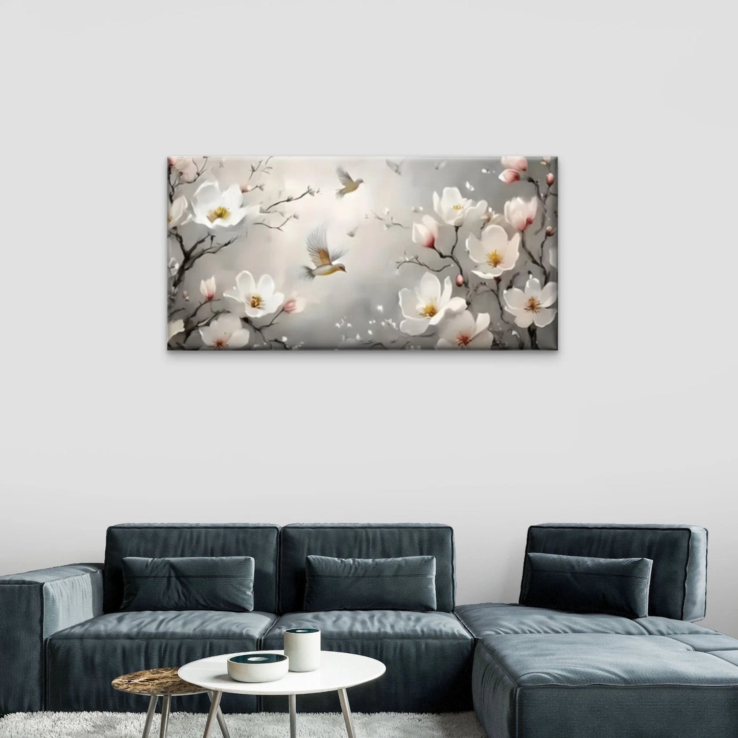 Flowers Birds Grey White Wall Art Canvas Office Home Room Framed 120x60cm