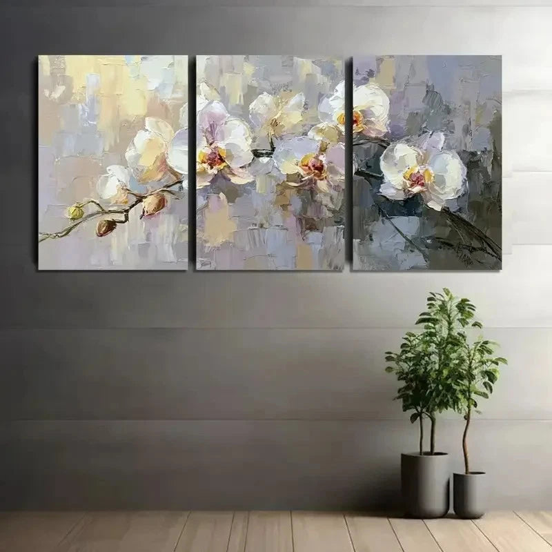 3pcs Abstract White Orchid in Light Gray Metal Print Ready to Hang Art - Bella Home Decor
