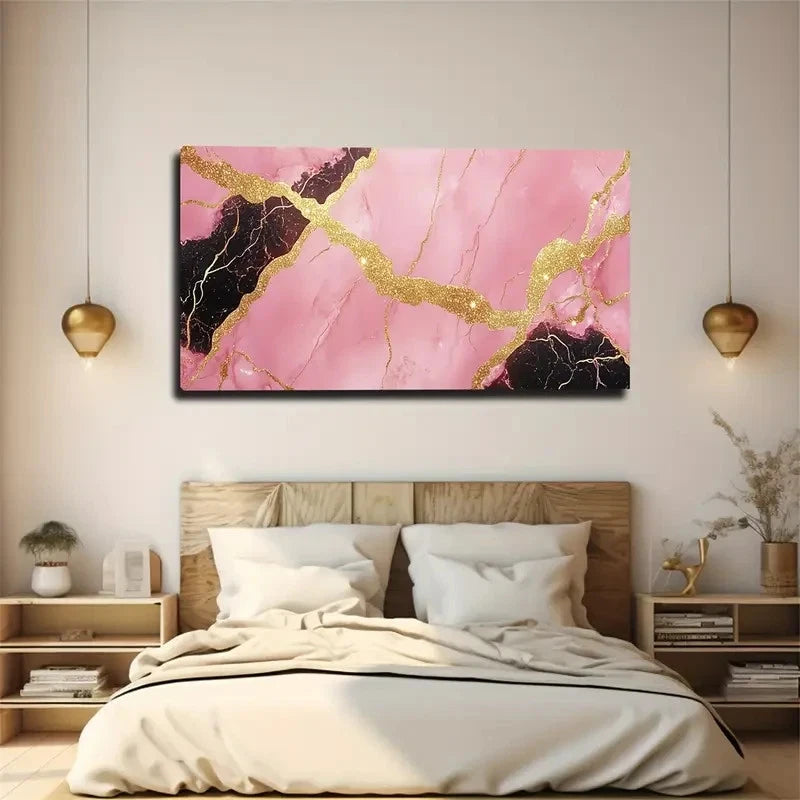 Pink With Black Golden Glitter Wall Art Canvas Office Home Room Framed 120x60cm