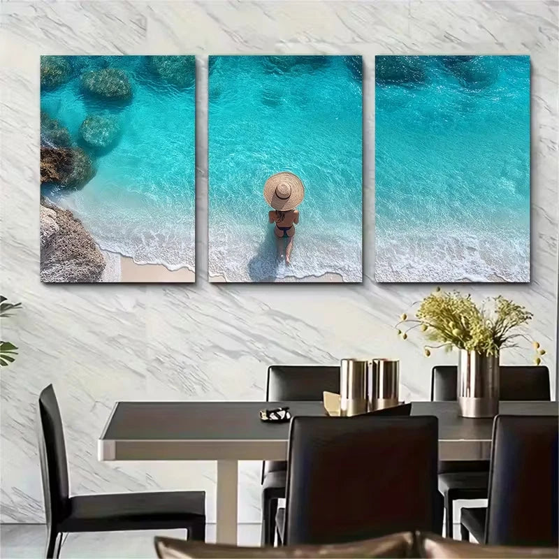 3pcs Beach Paradise Woman by Clear Blue Ocean Metal Print Ready to Hang Art - Bella Home Decor