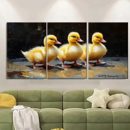 3pcs Yellow Ducklings Painting Farm Animals Metal Print Ready to Hang Art