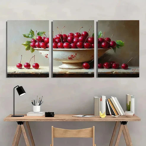 3pcs Cherry Berries Still Life Wall Art Set Canvas Unframed - High Quality Print 100% Australian Made Wall Canvas - Bella Home Decor