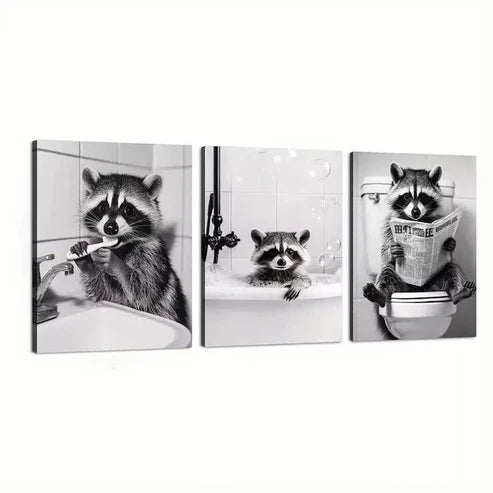 3pcs Abstract Raccoon in Funny Situations Wall Art Canvas Unframed - High Quality Print 100% Australian Made Wall Canvas