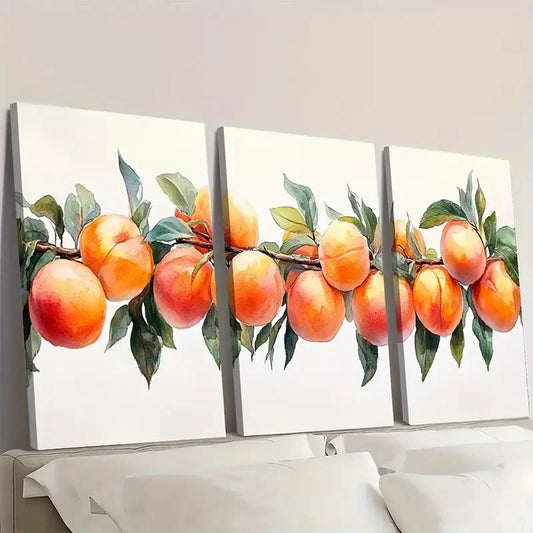 3pcs Peach Tree Watercolor Painting Fruits PT Wall Art Set Canvas Framed 60x90cm - High Quality Print 100% Australian Made Wall Canvas Ready to Hang