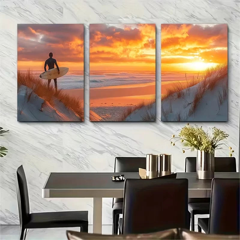 3pcs Serene Beach Surfer Metal Print Ready to Hang Art