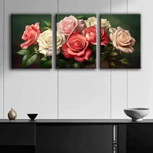 3pcs Vibrant Pink & White Roses Floral Perfect Wall Art Set Canvas Unframed - High Quality Print 100% Australian Made Wall Canvas