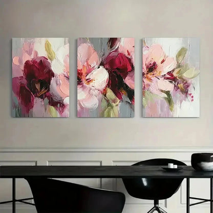 3pcs Abstract Floral Painting in Pink-Burgundy Metal Print Ready to Hang Art - Bella Home Decor