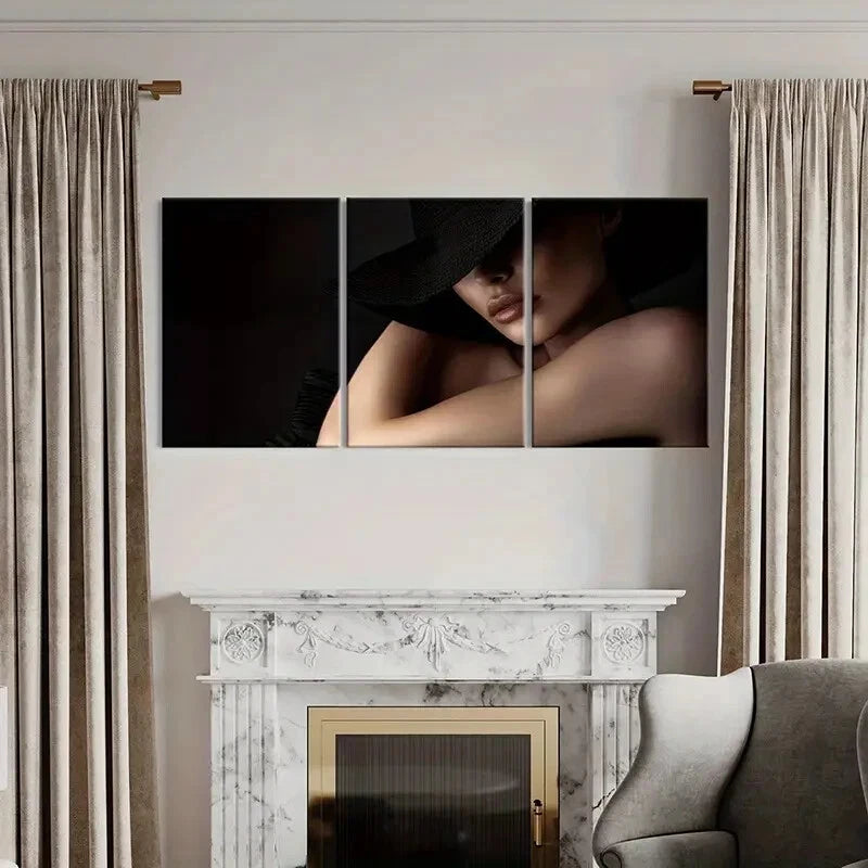 3pcs Mysterious Fashion Elegant Woman Black Hat Metal Print Ready to Hang Art - Bella Home Decor