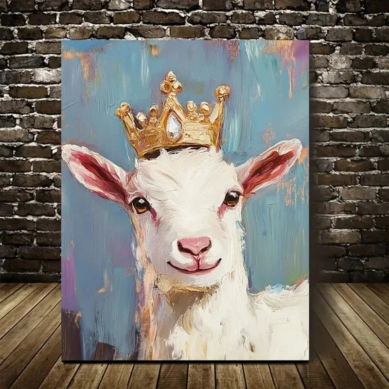 Charming Crown Vibrant Blue & Golden Goat Painting 40x60cm Metal Print Ready to Hang - Bella Home Decor