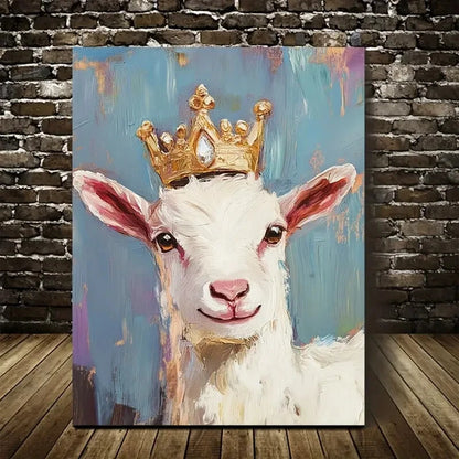 Charming Crown Vibrant Blue & Golden Goat Painting 40x60cm Metal Print Ready to Hang - Bella Home Decor