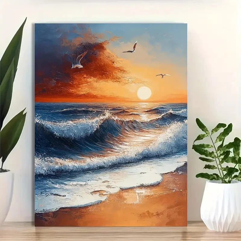 Beautiful Coastal Seascape With Birds Painting 40x60cm Metal Print Ready to Hang - Bella Home Decor