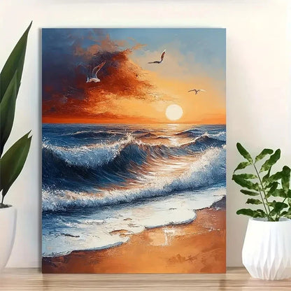 Beautiful Coastal Seascape With Birds Painting 40x60cm Metal Print Ready to Hang - Bella Home Decor