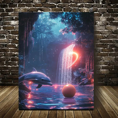 Dolphin Playing with Ball Under Waterfall Painting  40x60cm Metal Print Ready to Hang - Bella Home Decor